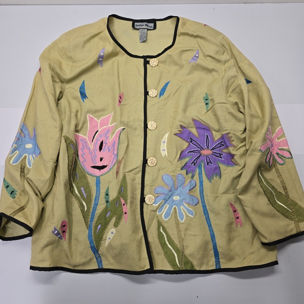 Indigo Moon Womens Yellow Floral Embroidered Button Up Jacket‎ Rayon Linen Blend